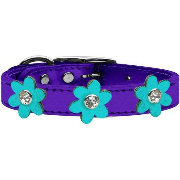Metallic Flower Leather Collar Metallic Purple With Metallic Turquoise flowers Size 10