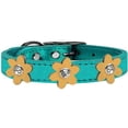 thumbnail image 1 of Metallic Flower Leather Collar Metallic Turquoise With Gold Flowers Size 14, 1 of 3