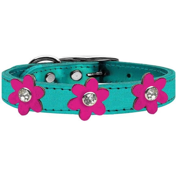 Metallic Flower Leather Collar Metallic Turquoise With Metallic Pink Flowers Size 14