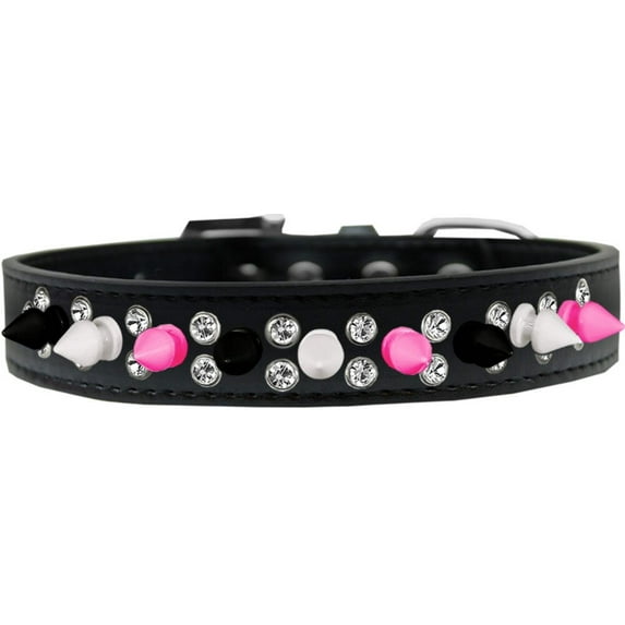 Pet and Dog Spike Collar, "Double Crystal Black, White and Bright Pink Spikes"