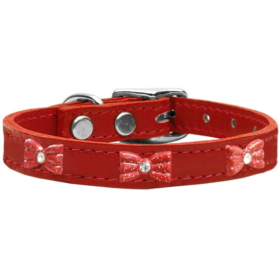 Red Glitter Bow Widget Genuine Leather Dog Collar 16