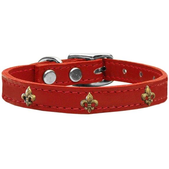 Bronze Fleur De Lis Widget Genuine Leather Dog Collar Red 24