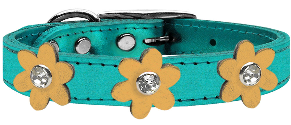 Metallic Flower Leather Collar With Metallic Flowers Size Turquoise Gold 18