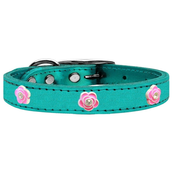 Mirage Pet Products Leather Floral Dog Collar, Turquoise, S/M