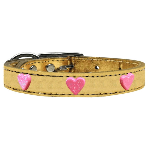 Pink Glitter Heart Widget Genuine Metallic Leather Dog Collar Gold 22