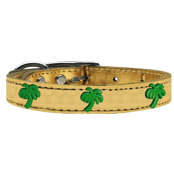 Green Palm Tree Widget Genuine Metallic Leather Dog Collar Gold 26