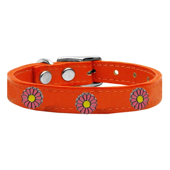 Pink Daisy Widget Genuine Leather Dog Collar Orange 24