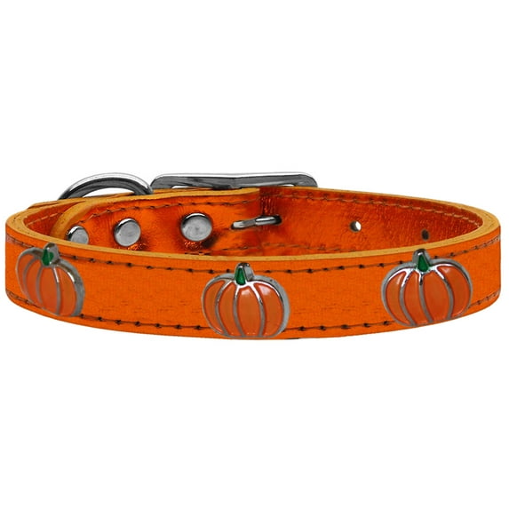 Pumpkin Widget Genuine Metallic Leather Dog Collar Orange 18