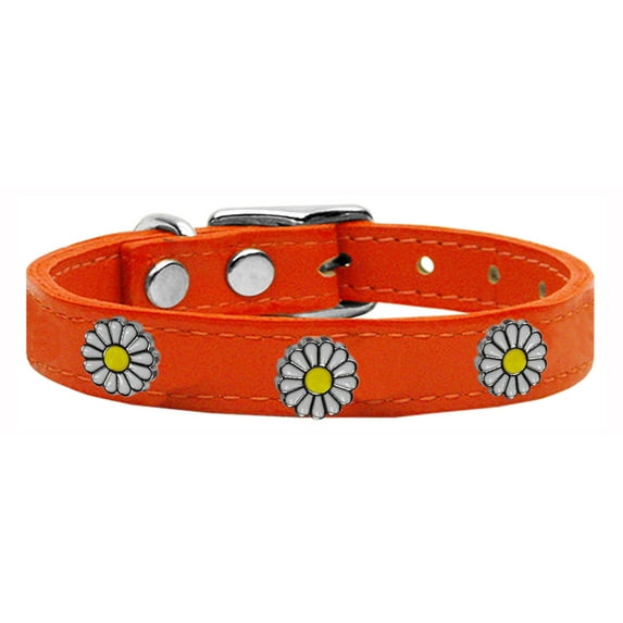 White Daisy Widget Genuine Leather Dog Collar Orange 18