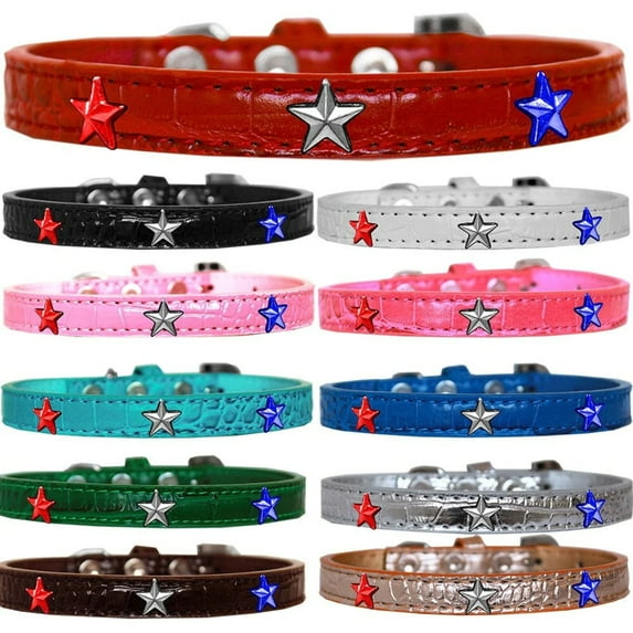 Red, White and Blue Star Widget Croc Dog Collar Black Size 10