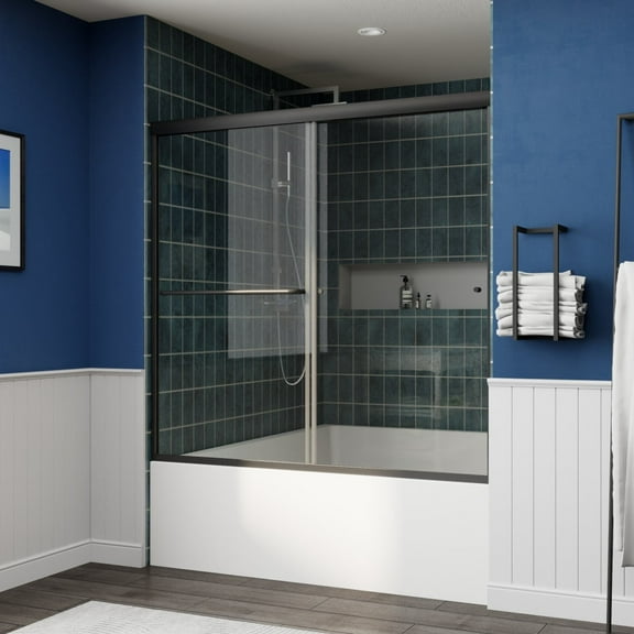 Glide-B Allsumhome 56-60" Framed Double Sliding Tub Door,Bypass Bathtub Shower Tempered Glass Door,Explosion-Proof Film,Matte Black