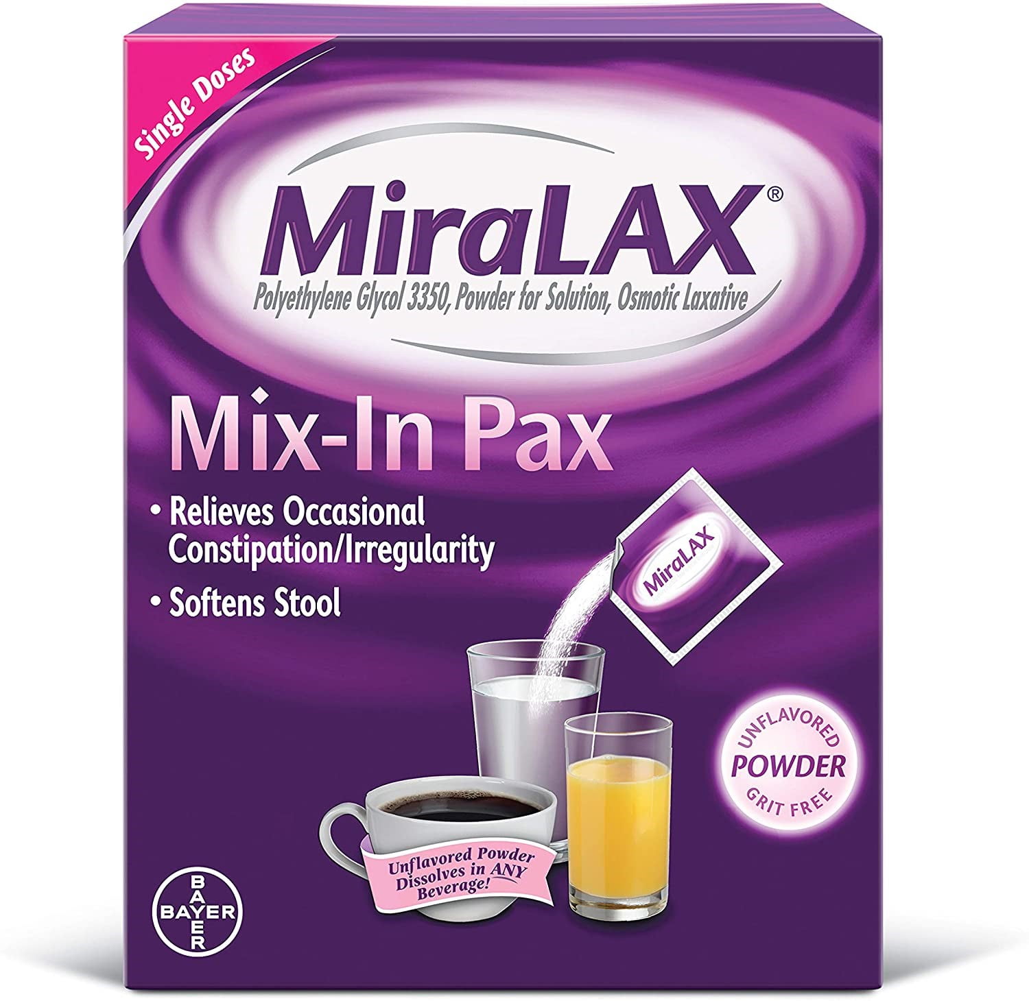 Miralax Mix-In Laxative Powder Gentle Constipation Relief, 10 ct, 3 Pack