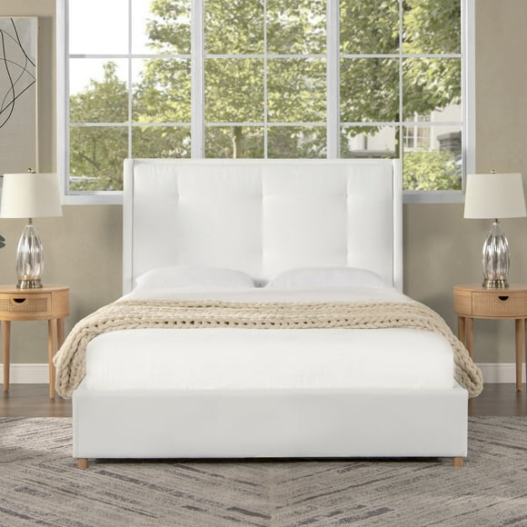 Miramar Queen Cushion-Back Headboard Platform Bed Frame Antique White Polyester