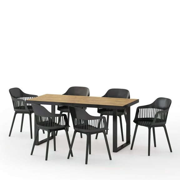 Miramar Wood and Resin Outdoor 7 Piece Dining Set, Black and Teak