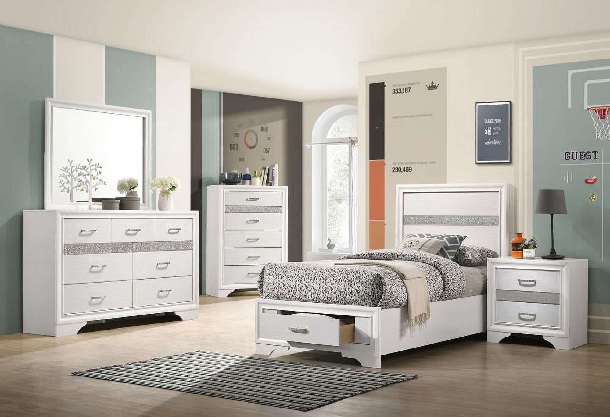 Miranda White Twin 5-Piece Storage Bedroom Set with Glitter Accents