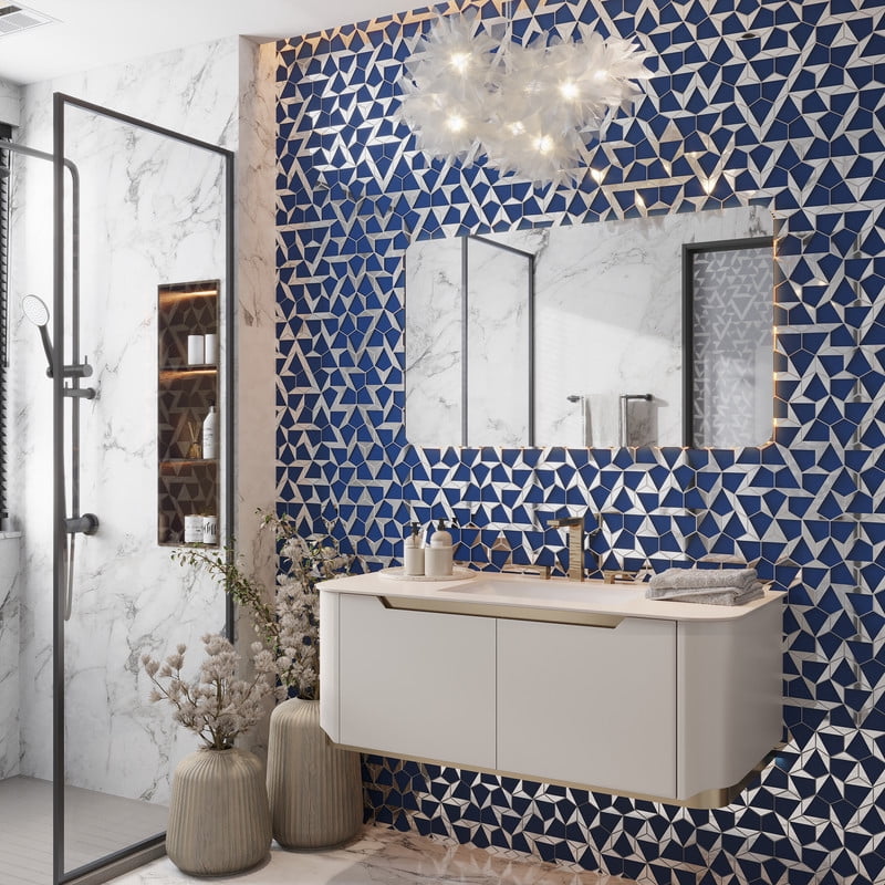 Mirari 9x11 in. Blue, Gray Glossy Glass 3D Trapezoid Mosaic Wall Tile (3.28 sq ft/case, 5-Pack)