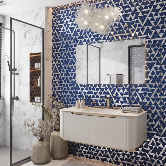 Mirari 9x11 in. Blue, Gray Glossy Glass 3D Trapezoid Mosaic Wall Tile (3.28 sq ft/case, 5-Pack)