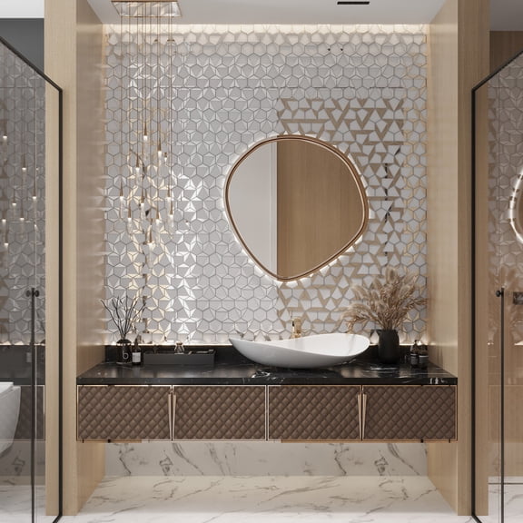 Mirari 9x11 in. Gray, Silver Glossy Glass 3D Trapezoid Mosaic Wall Tile (3.28 sq ft/case, 5-Pack)