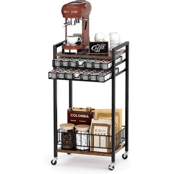Miratino Coffee Cart Station, 4-Tier Station Organizer with Lockable Wheels, Pod Holder Drawer Holds 84 Pods, Bar for Kitchen, Living Room, Office, Rustic Brown