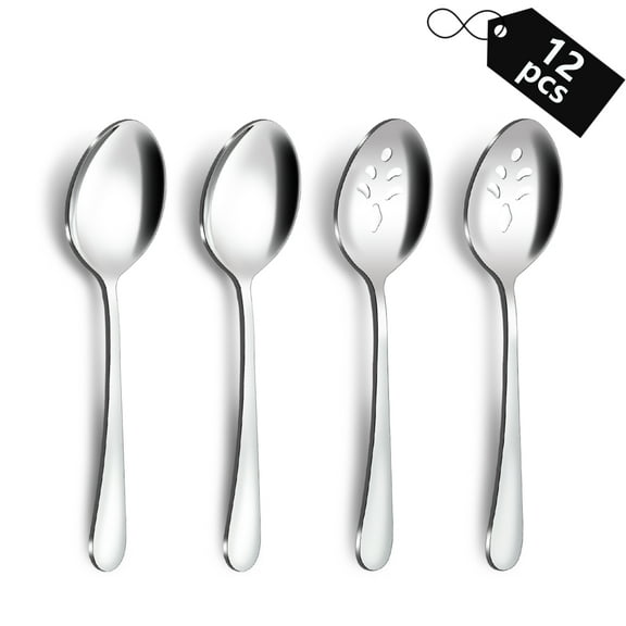 Mirdinner 12 Pcs Serving Set, Stainless Steel Serving Utensil Hostess Set with Serving Spoon and Slotted Spoons, Mirror Polished, Dishwasher Safe, Large Serving Spoons For Buffet/ Parties