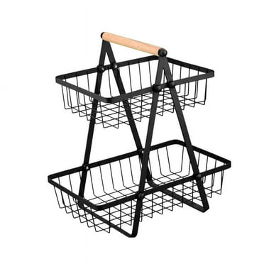 Mirdinner 2 Tier Countertop Fruit Basket Bowl for Kitchen, Detachable Metal Organizer for Bread Vegetable Fruits with Wooden Handle, Large Capacity Storage Basket for Bread Snack Veggies Produce