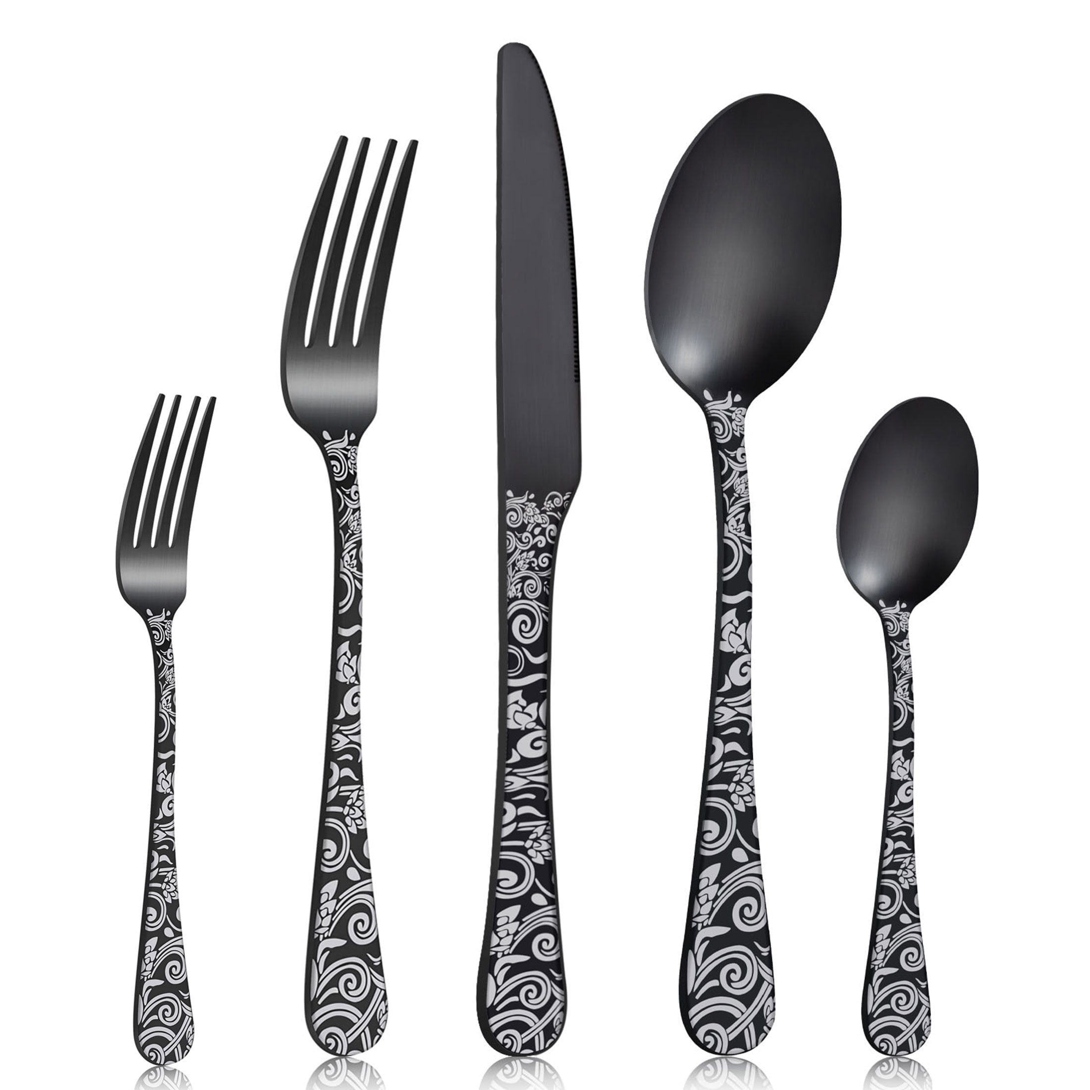 Mirdinner 20 Pcs Silverware Set, Stainless Steel, Matt Black Floral ...