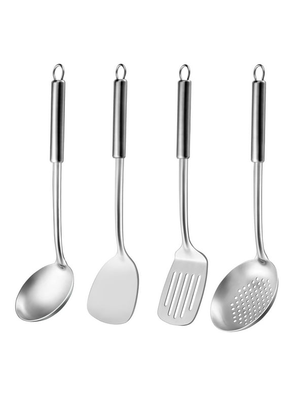 Mirdinner 4 Pcs Cooking Utensils Set, 304 Stainless Steel Kitchen Utensils, Include Wok Ladle, Slotted Spoon, Wok Spatula and Slotted Spatula, Dishwasher Safe
