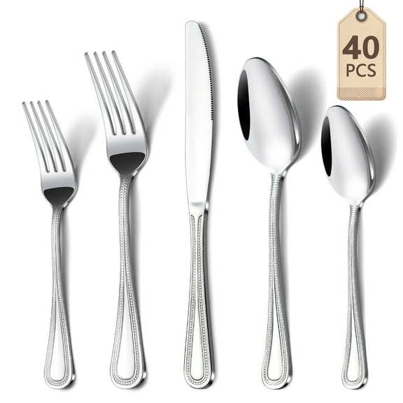 Mirdinner 40 Pcs Silverware Set for 8, Stainless Steel Flatware Cutlery Set with Pearl Embellished, Forks Spoons Knives Set, Tableware Set for Home Restaurant Hotel, Mirror Polished, Dishwasher Safe
