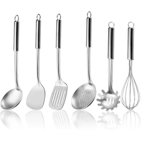 Mirdinner Kitchen Utensils Set 6 Pcs, Stainless Steel Cooking Utensils with Suspendable Handle, Spatula, Slotted Turner, Soup Ladle, Slotted Spoon, Whisk, Pasta Server, Wok Utensils, Dishwasher Safe