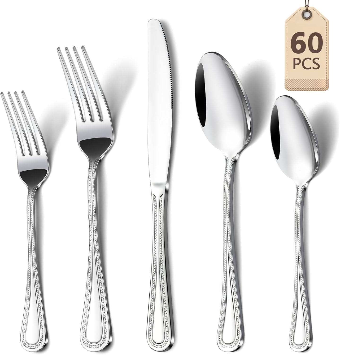Mirdinner 60 Pcs Silverware Set for 12, Stainless Steel Flatware Cutlery Set with Pearl Embellished, Forks Spoons Knives Set, Tableware Set for Home Restaurant Hotel, Mirror Polished, Dishwasher Safe