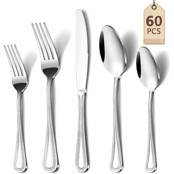 Mirdinner 60 Pcs Silverware Set for 12, Stainless Steel Flatware Cutlery Set with Pearl Embellished, Forks Spoons Knives Set, Tableware Set for Home Restaurant Hotel, Mirror Polished, Dishwasher Safe
