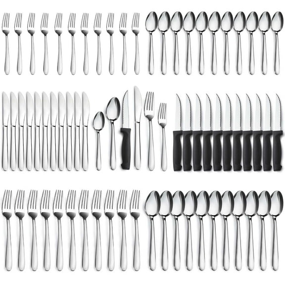 Mirdinner 72 Pcs Silverware Set with Steak Knives for 12, Stainless Steel Flatware Cutlery Set, Include Forks Spoons and Knives Set, Utensil Sets for Home Kitchen Restaurant Hotel, Dishwasher Safe