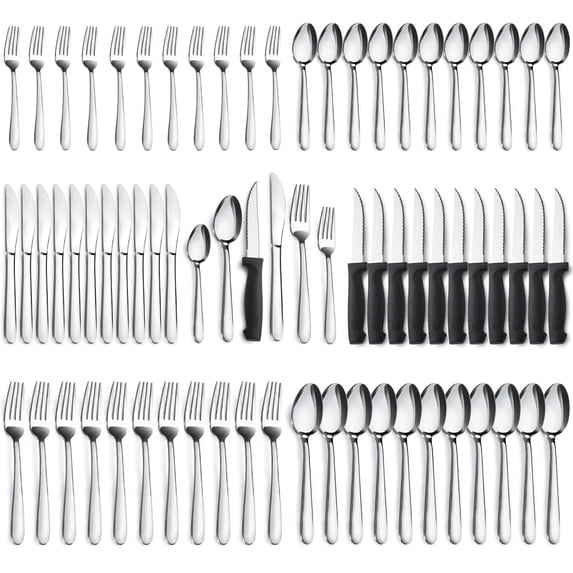Mirdinner 72 Pcs Silverware Set with Steak Knives for 12, Stainless Steel Flatware Cutlery Set, Include Forks Spoons and Knives Set, Utensil Sets for Home Kitchen Restaurant Hotel, Dishwasher Safe