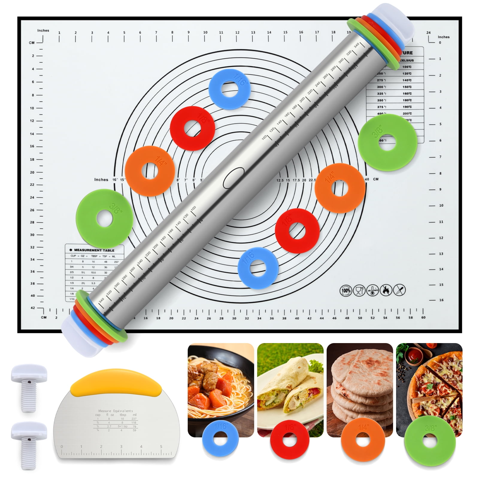 Mirdinner Stainless Steel Rolling Pin, Dough Roller with Silicone Removable Rings, Baking Mat and Bench Scraper, Bake Tools for Cooking Pizza Pie Cookies Pastries