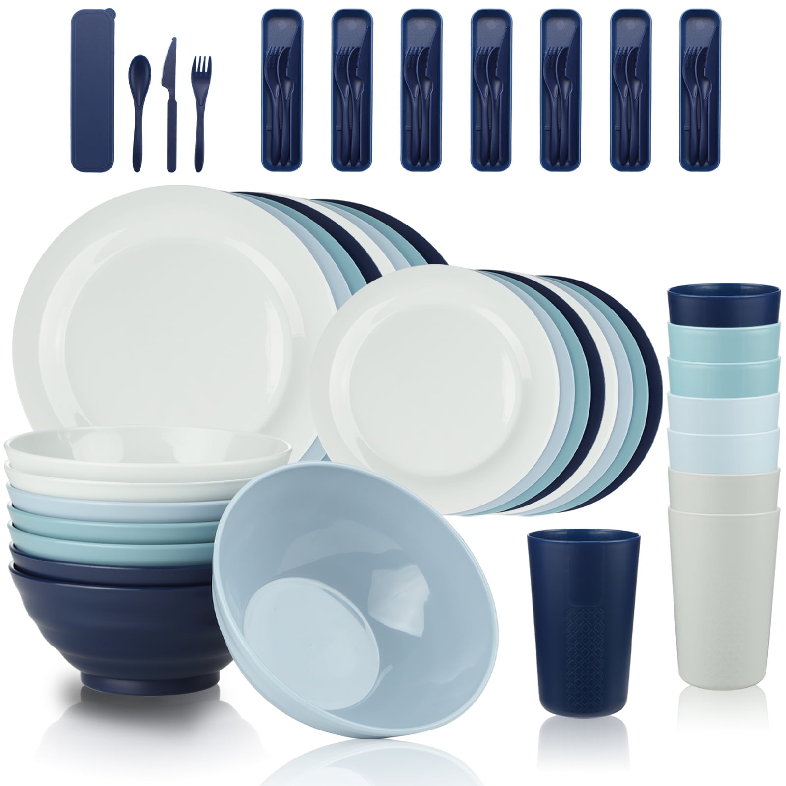 Mirdinner Dinnerware Sets for 8, 40 Packs Plastic BPA-Free Reusable Sala Plates Cups and Bowls with Cutlery Set, Unbreakable Plates and Bowls Sets, for Home & Camping Party, Dishwasher Microwave Safe