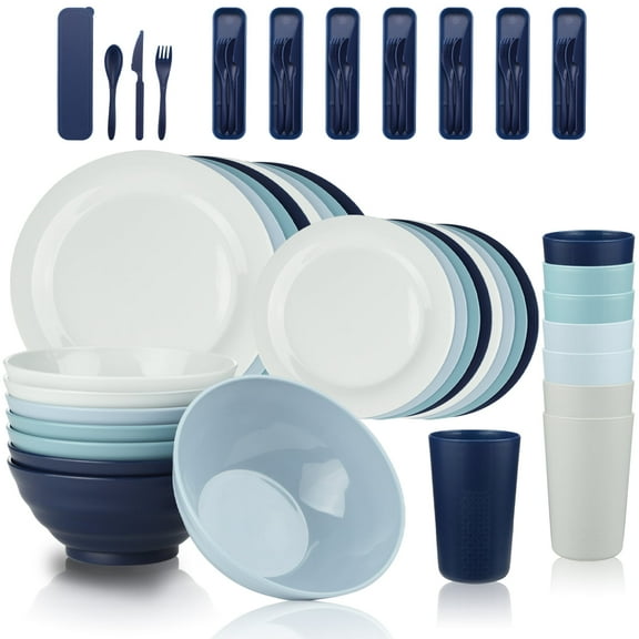Mirdinner Dinnerware Sets for 8, 40 Packs Plastic BPA-Free Reusable Sala Plates Cups and Bowls with Cutlery Set, Unbreakable Plates and Bowls Sets, for Home & Camping Party, Dishwasher Microwave Safe