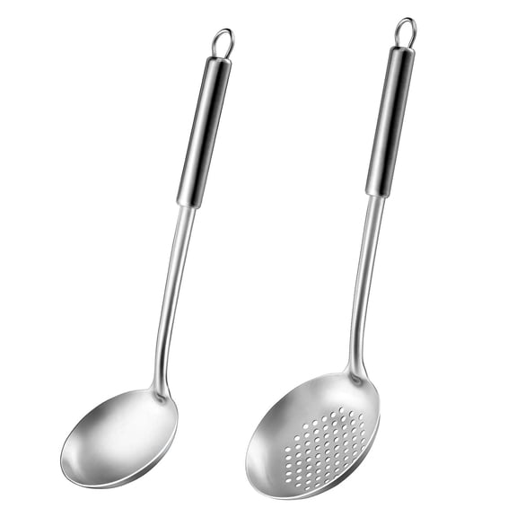Mirdinner 2-Pcs Kitchen Utensil Set, Ladle and Slotted Spoon, Soup Ladle and Strainer, Stainless Steel Cooking Utensils, Wok Utensils for Home and Restaurant, Dishwasher Safe