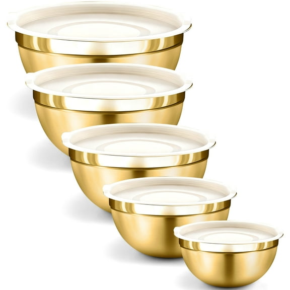 Mirdinner 5PCS Mixing Bowls with Airtight Lids Set - 5 Stainless Steel Mixing Bowls, Dishwasher Safe, Ideal for Baking & Meal Prep, Stackable Design for Easy Storage, Gold