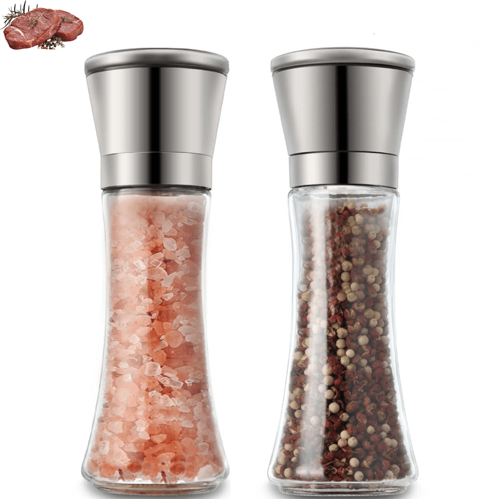 Mirdinner Salt and Pepper Grinder Set of 2, Best Spice Mills with Adjustable Coarseness, 200ml Stainless Steel Salt and Peppercorn Grinder, Black Pepper Grinder Refillable with Glass Body