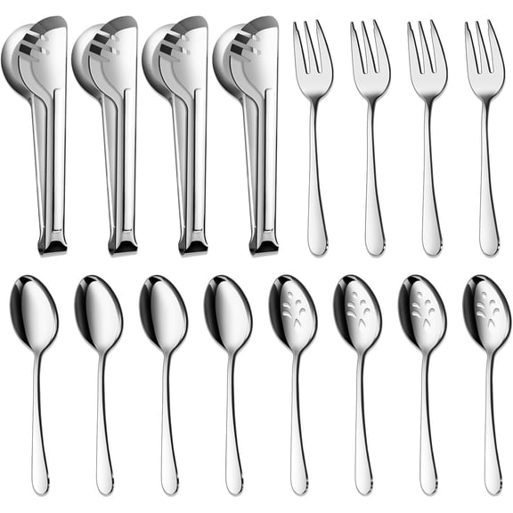 Mirdinner Serving Set, 16 Pcs Stainless Steel Serving Utensil Hostess Set with Serving Spoon/Slotted Spoons/Serving Forks/Serving Tongs, Mirror Polished, Dishwasher Safe, for Parties/Buffet