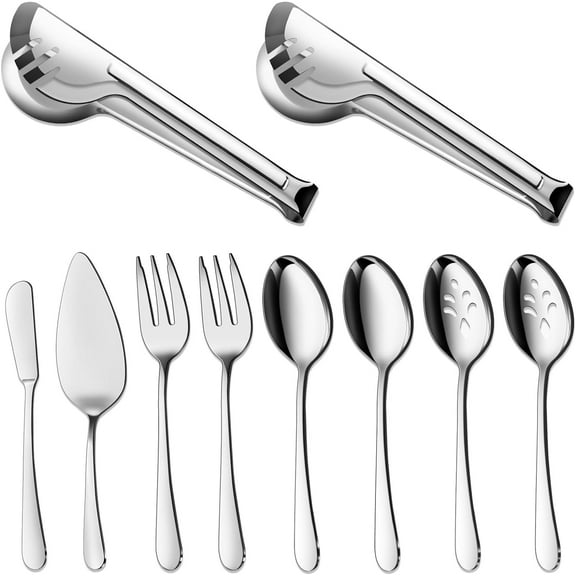 Mirdinner Serving Utensils Set, 10 Pcs Stainless Steel Serving Utensil with Serving Spoon/Slotted Spoons/Serving Forks/Serving Tongs/Pie Server/Butter Knife, Mirror Polished, Dishwasher Safe