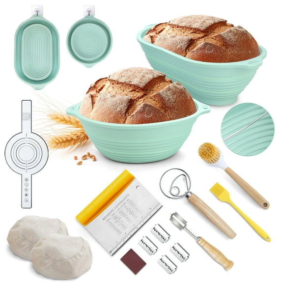 Mirdinner Silicone Banneton Bread Proofing Basket, 9-Inch Round & 10-Inch Oval Foldable Sourdough Baking Basket, Sourdough Starter Kit