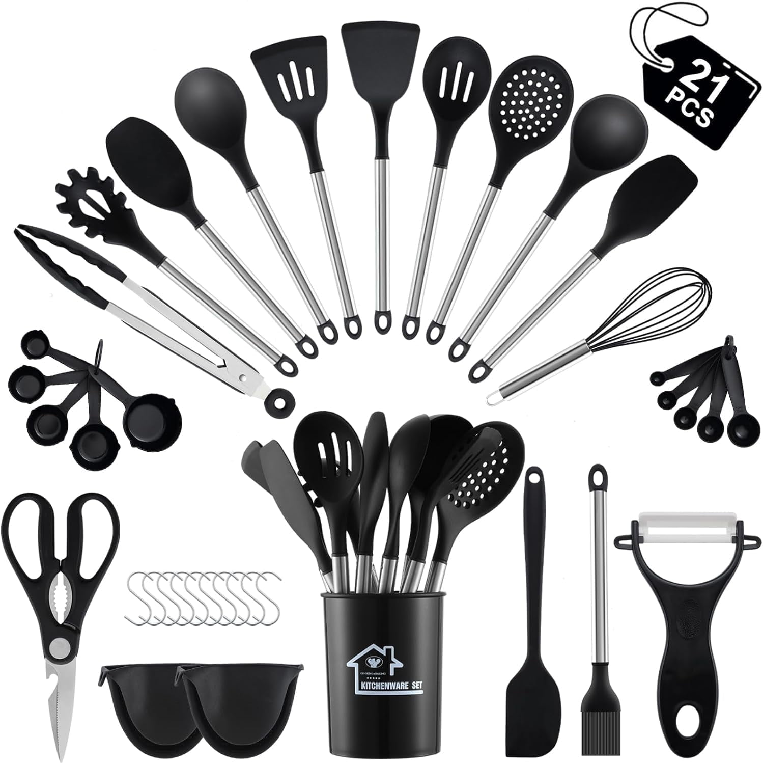 Mirdinner Silicone Cooking Utensils Set, 21 Pcs Safe Food-Grade Kitchen Utensils Set with Holder, BPA-Free, Non-stick Heat Resistant Silicone Cookware with Stainless Steel Handle, Black