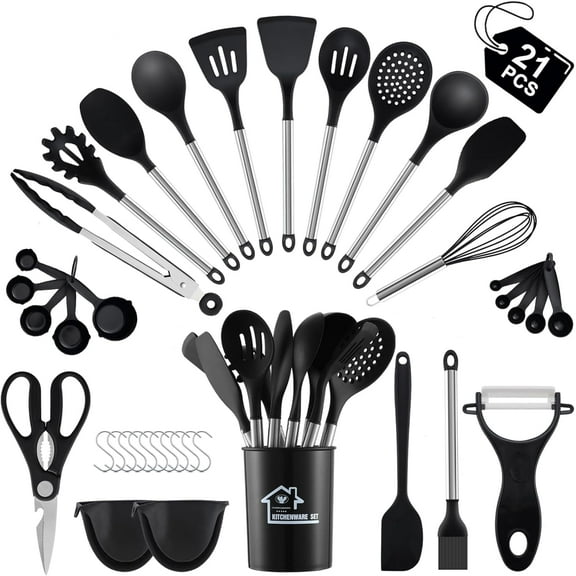 Mirdinner Silicone Cooking Utensils Set, 21 Pcs Safe Food-Grade Kitchen Utensils Set with Holder, BPA-Free, Non-stick Heat Resistant Silicone Cookware with Stainless Steel Handle, Black