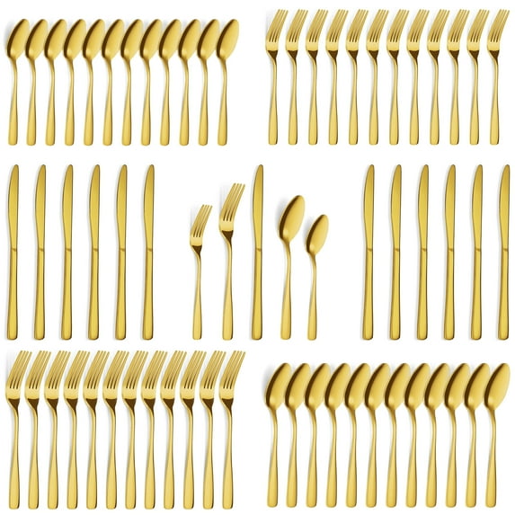 Mirdinner 60 Pcs Gold Silverware Set, Stainless Steel Flatware Cutlery Set, Service for 12, Golden Tableware Include Forks Knives Spoons, Utensil Set for Home Kitchen Restaurant, Shiny Gold Polished