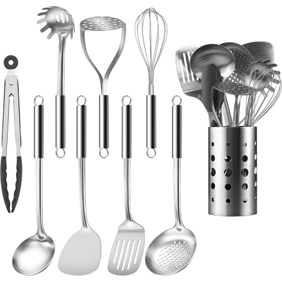 Mirdinner Cooking Utensils Set, 9 Pcs Stainless Steel Kitchen Utensils Set, Kitchen Tools Set, Spatula Sets w Utensil Holder, Wok Spatula,Ladle,Egg Whisk,Non-Stick And Heat Resistant, Dishwasher Safe