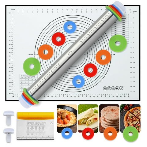 Mirdinner Stainless Steel Rolling Pin, Dough Roller with Silicone Removable Rings, Baking Mat and Bench Scraper, Bake Tools for Cooking Pizza Pie Cookies Pastries