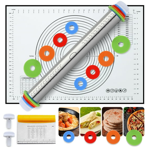 Mirdinner Stainless Steel Rolling Pin, Dough Roller with Silicone Removable Rings, Baking Mat and Bench Scraper, Bake Tools for Cooking Pizza Pie Cookies Pastries