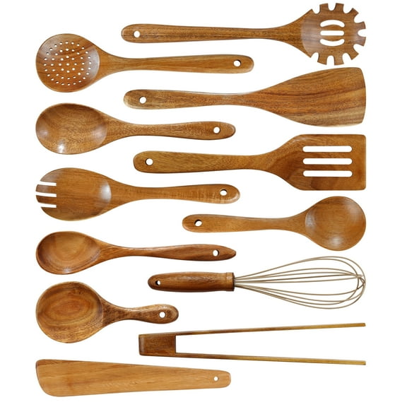 Mirdinner Wooden Utensil Set - 12 PCS Natural Teak Wood Kitchen Utensils Set with Wooden Spoons for Cooking and Spatula, Non-Scratch Nonstick Safe, Heat Resistant for All Cookware