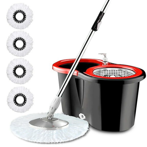 Mirdinner Spin Mop and Bucket Wringer Set, 360° Mop Bucket System with 4 Microfiber Mop Replacement Heads, Stainless Steel Bucket, Floor Cleaning for Home, Black/Red